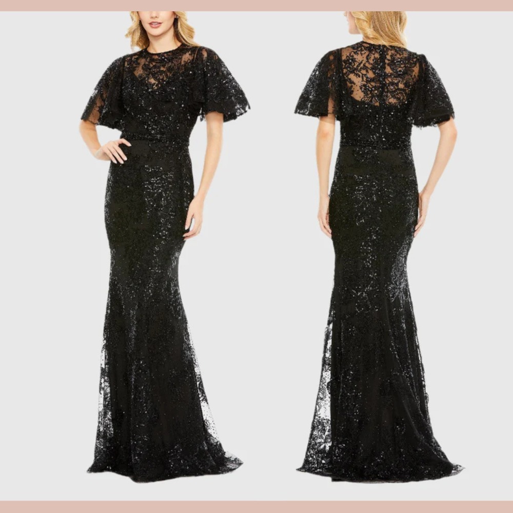 NWT $898 Mac Duggal [ 8 ] 20438 Embellished Flutter Sleeve High Neck Gown J2459